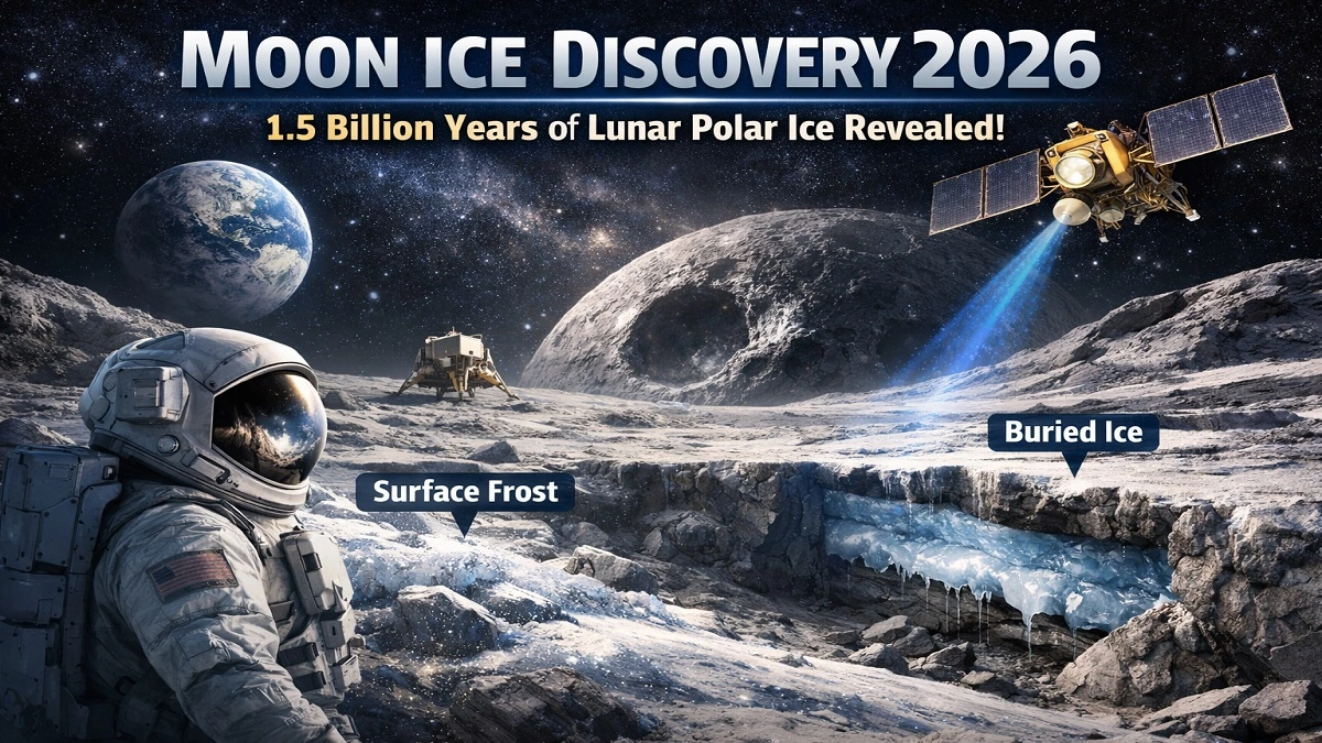चंद्रमा के ध्रुवीय क्षेत्रों में जमी बर्फ का वैज्ञानिक दृश्य (NASA LRO डेटा आधारित)