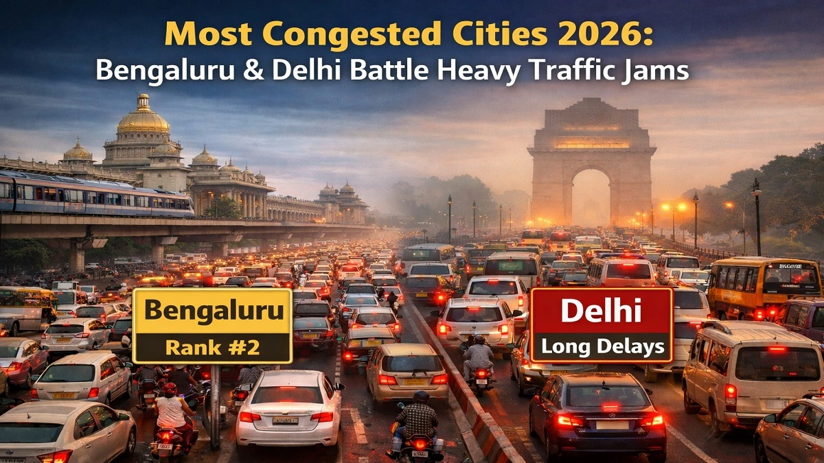 2026 में बेंगलुरु और दिल्ली में भारी ट्रैफिक जाम दिखाती हुई सड़कों की तस्वीर