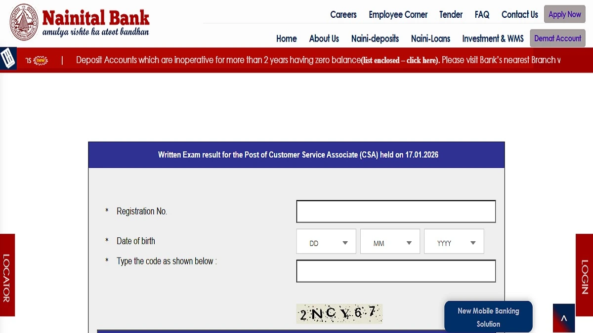 Nainital Bank Clerk Result 2026 scorecard download link