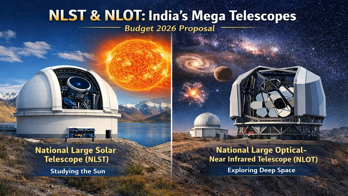 लद्दाख में प्रस्तावित National Large Solar Telescope (NLST) और National Large Optical Near Infrared Telescope (NLOT) का प्रतीकात्मक चित्र