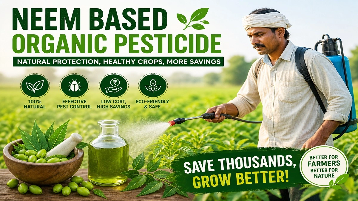 Farmer spraying neem-based organic pesticide on crops in field for natural pest control and cost-effective farming