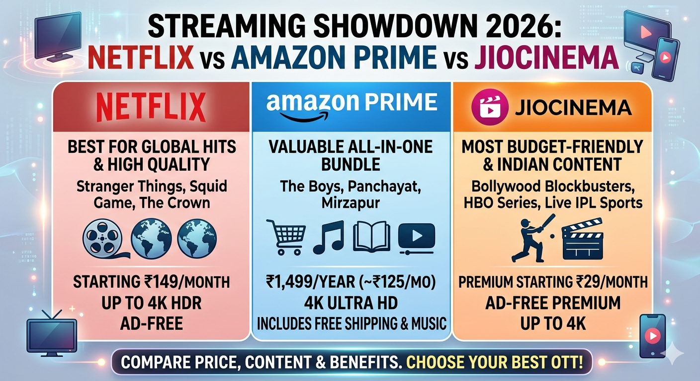 Netflix, Amazon Prime Video और JioCinema OTT प्लेटफॉर्म की कीमत और कंटेंट तुलना
