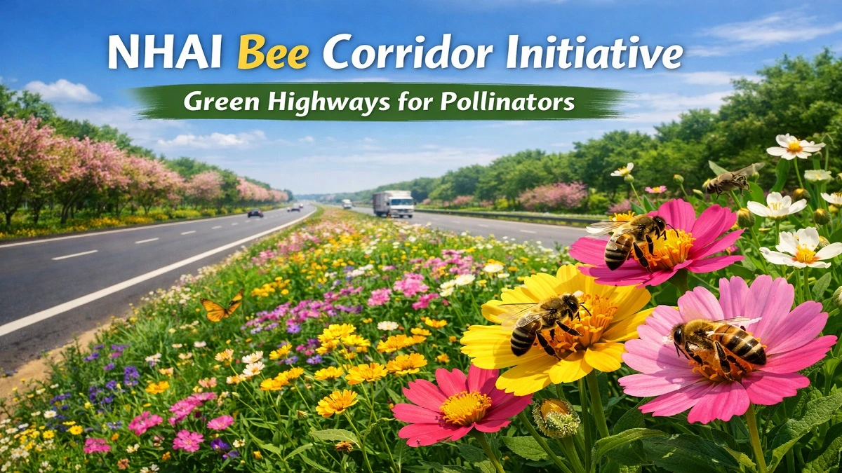 राष्ट्रीय राजमार्ग के किनारे लगाए गए फूलदार पौधों पर मधुमक्खियां परागण करती हुई – NHAI की Bee Corridor पहल का दृश्य