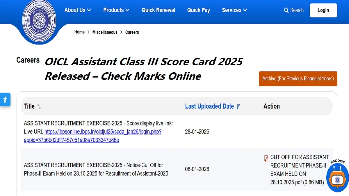OICL Assistant Class III Score Card 2025 released for Assistant Class III recruitment