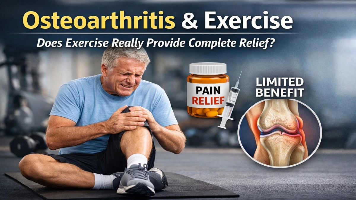 ऑस्टियोआर्थराइटिस में घुटने के दर्द से परेशान व्यक्ति एक्सरसाइज करते हुए, नई रिसर्च में सीमित लाभ का खुलासा