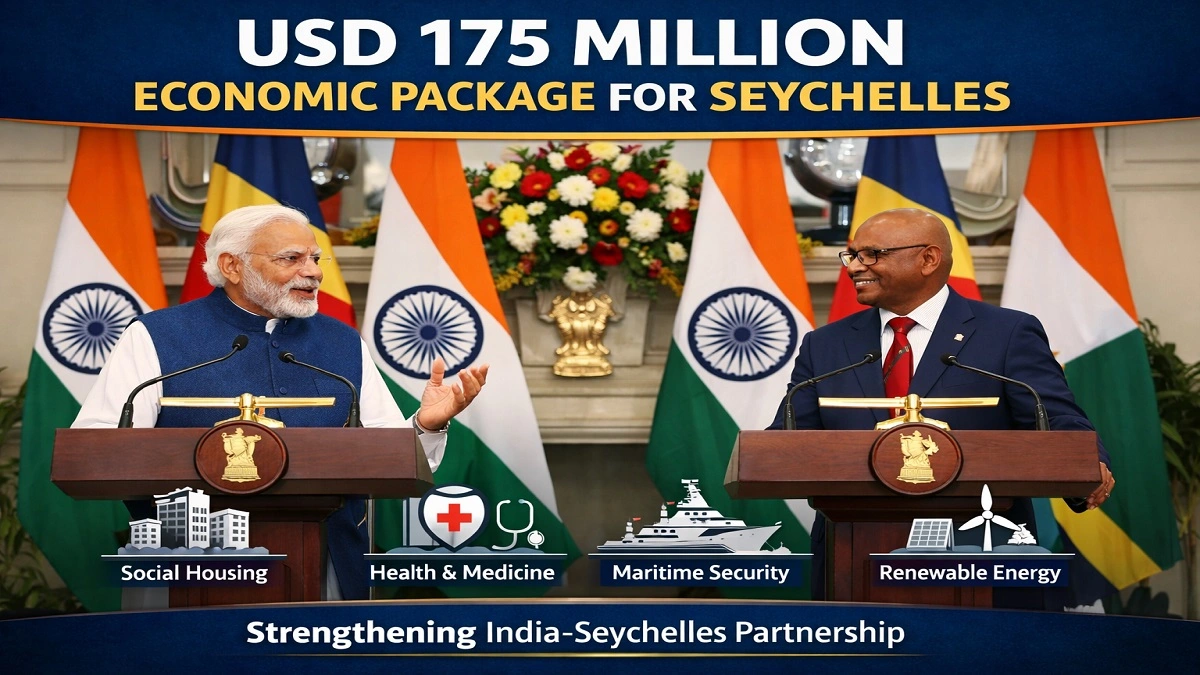 Prime Minister Narendra Modi with Seychelles President Patrick Herminie during the announcement of USD 175 million economic assistance package in New Delhi