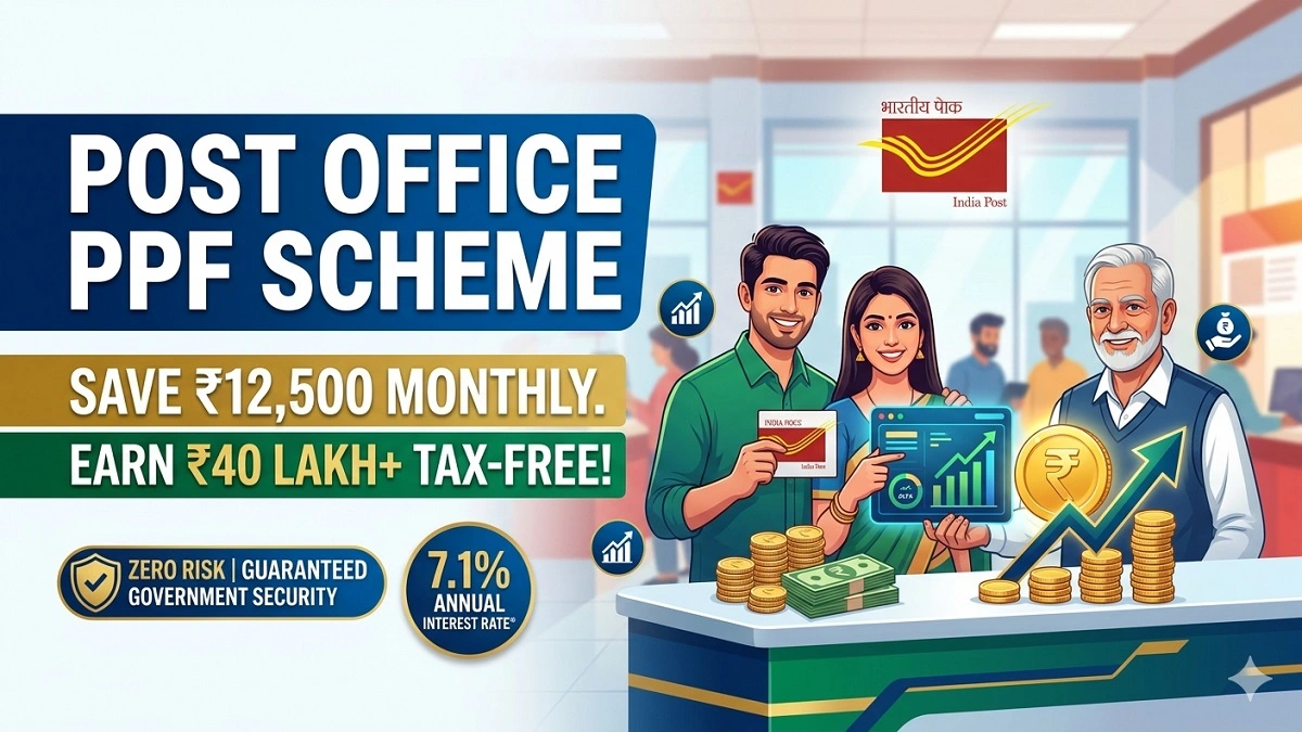 पोस्ट ऑफिस PPF स्कीम में ₹12,500 प्रति माह निवेश करके ₹40 लाख से अधिक का सुरक्षित और टैक्स फ्री फंड बनाने की जानकारी दिखाती हुई इमेज