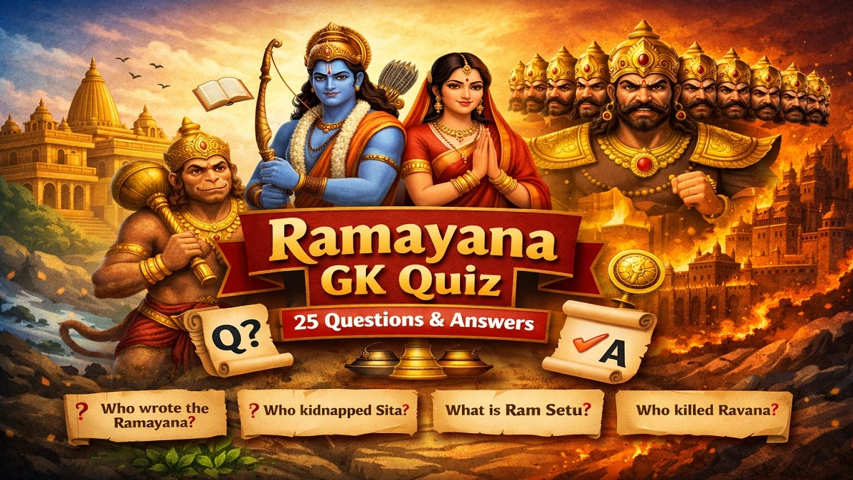 Ramayana GK questions and answers quiz with Lord Rama, Sita, Hanuman and Ravana illustration