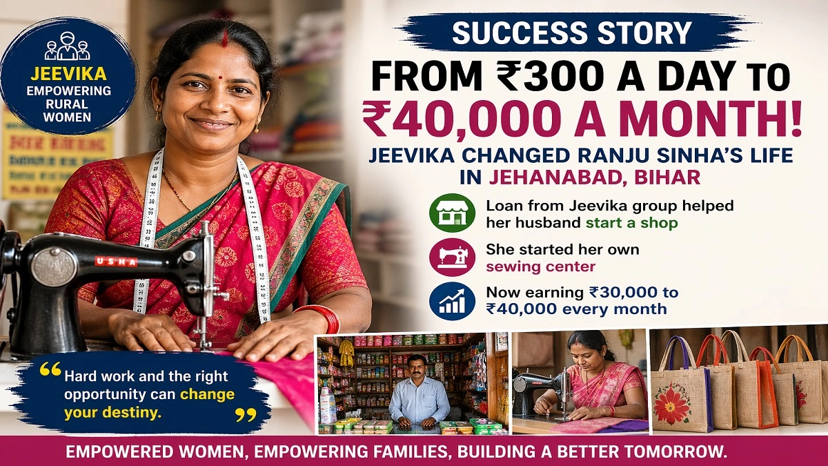 Ranju Sinha sewing at her center in Jehanabad Bihar, inspiring success story from earning ₹300 per day to ₹40,000 per month through Jeevika scheme