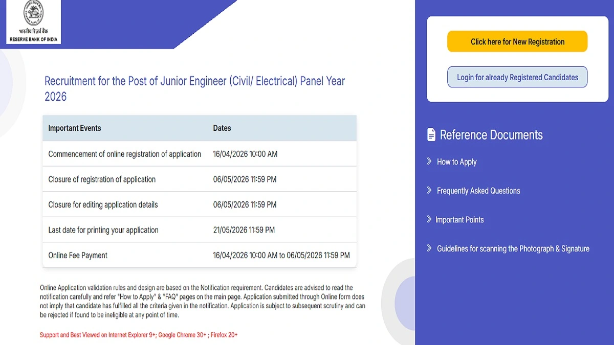 RBI Junior Engineer JE Recruitment 2026 Apply Online Notification