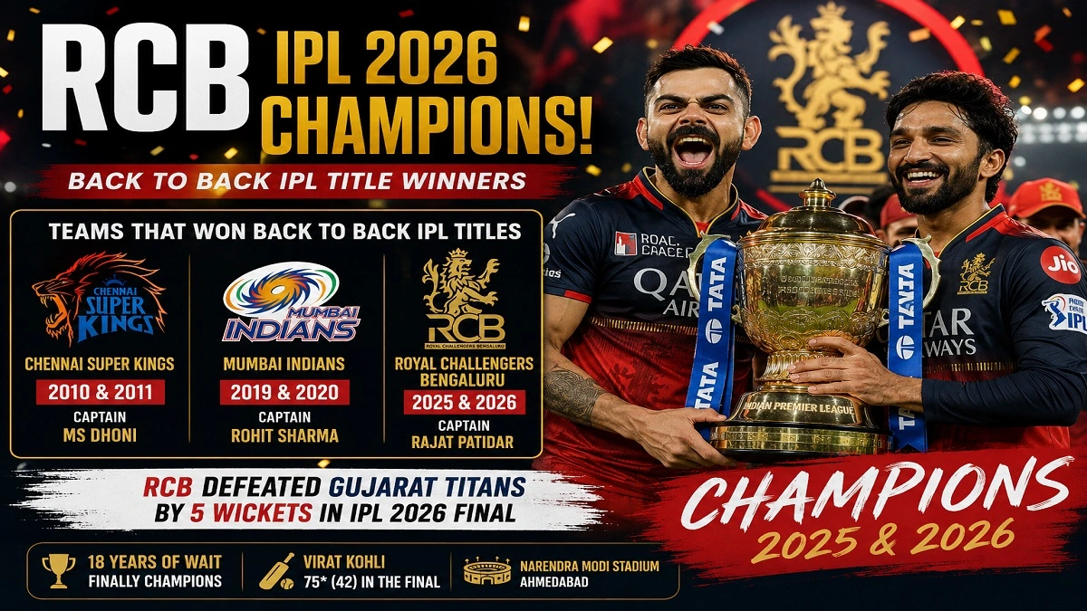 RCB IPL 2026 Trophy Celebration with Virat Kohli and Rajat Patidar, Back to Back IPL Champions List 2025 and 2026