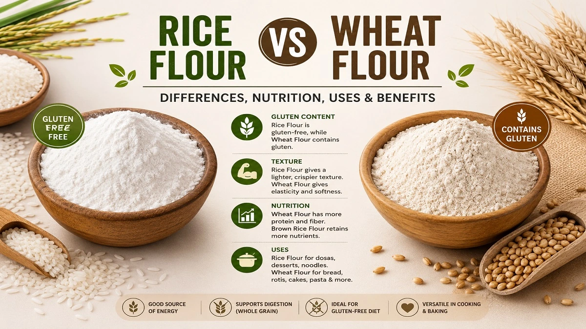 चावल के आटे और गेहूं के आटे की तुलना दिखाती हुई तस्वीर जिसमें nutrition, gluten और cooking uses बताए गए हैं