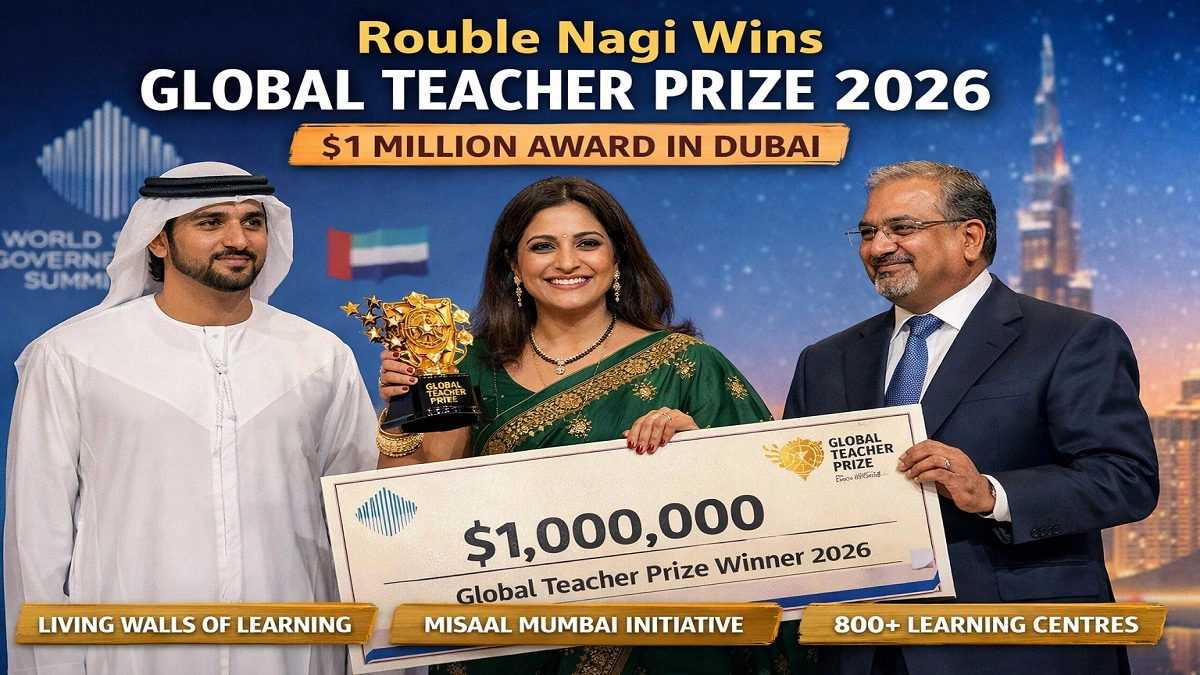 Rouble Nagi receiving the Global Teacher Prize 2026 at the World Government Summit in Dubai