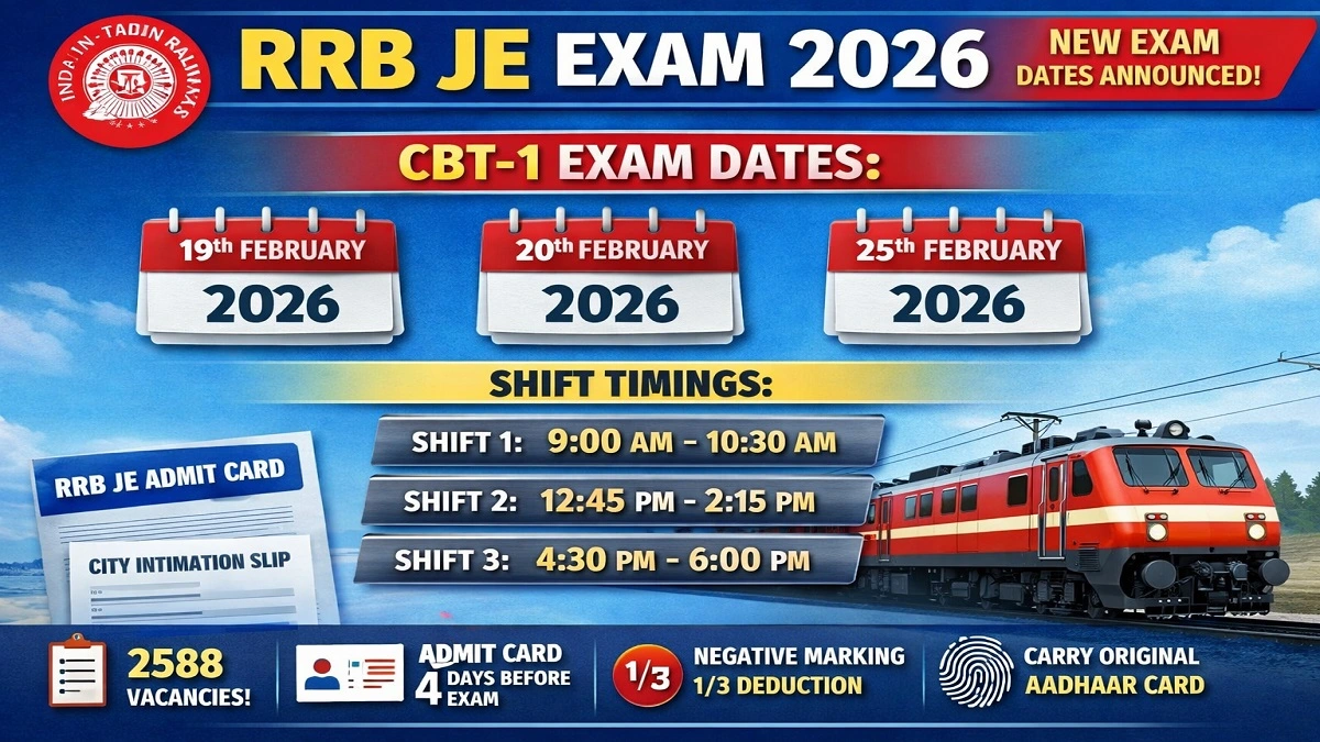RRB JE Exam 2026 नई परीक्षा तिथि 19 20 और 25 फरवरी CBT 1 शेड्यूल
