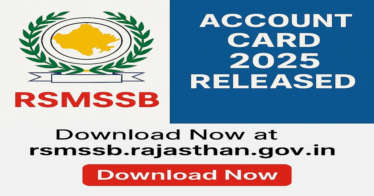 RSMSSB Account Assistant Admit Card 2025 announcement on an orange background.