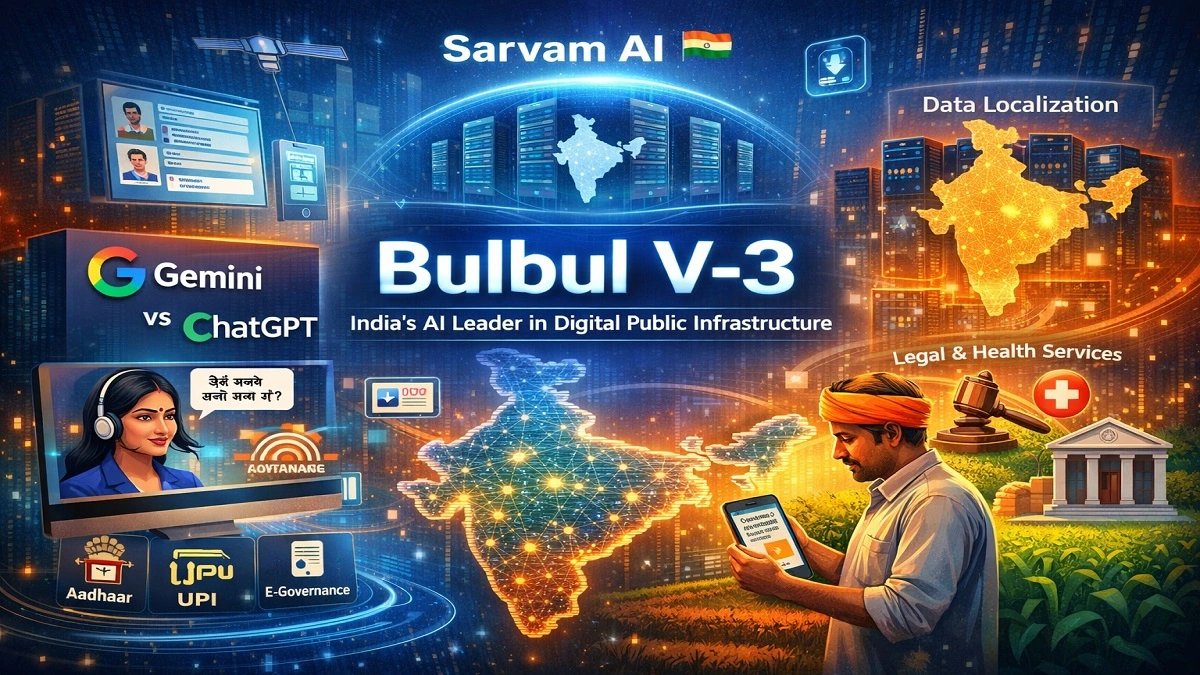 Sarvam AI का Bulbul V-3 मॉडल भारतीय भाषाओं और डिजिटल पब्लिक इंफ्रास्ट्रक्चर के लिए AI समाधान दर्शाता हुआ