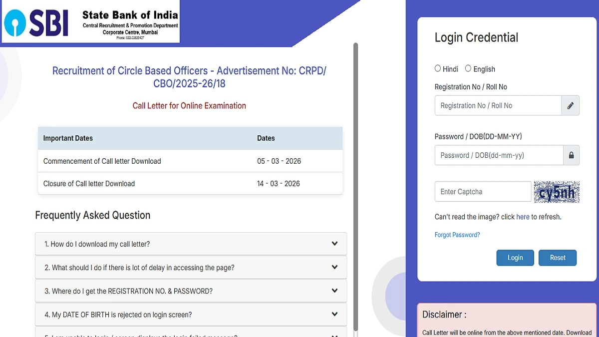 SBI CBO Admit Card 2026 Download for Circle Based Officer Exam