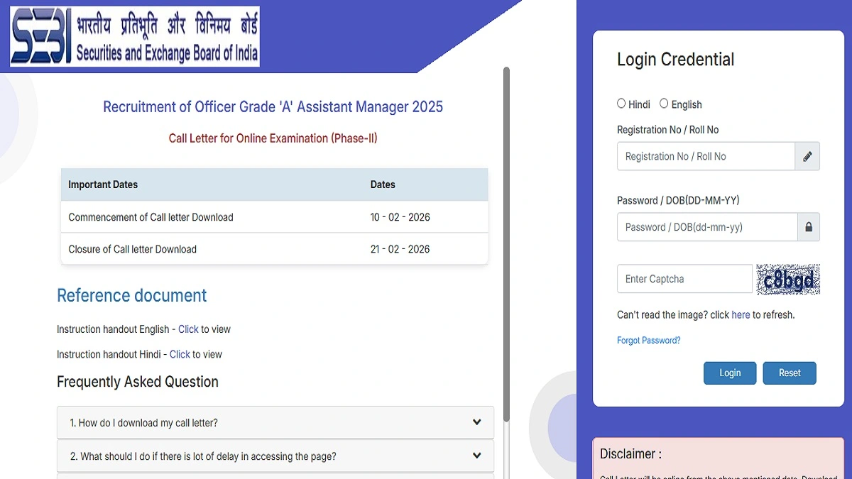SEBI Grade A Phase 2 Admit Card 2026 Mains Hall Ticket Download