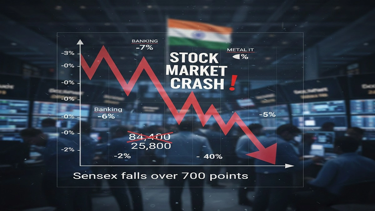 सेंसेक्स में 700 अंकों से अधिक की गिरावट, वैश्विक कारणों और विदेशी निवेशकों की बिकवाली से भारतीय शेयर बाजार पर असर।