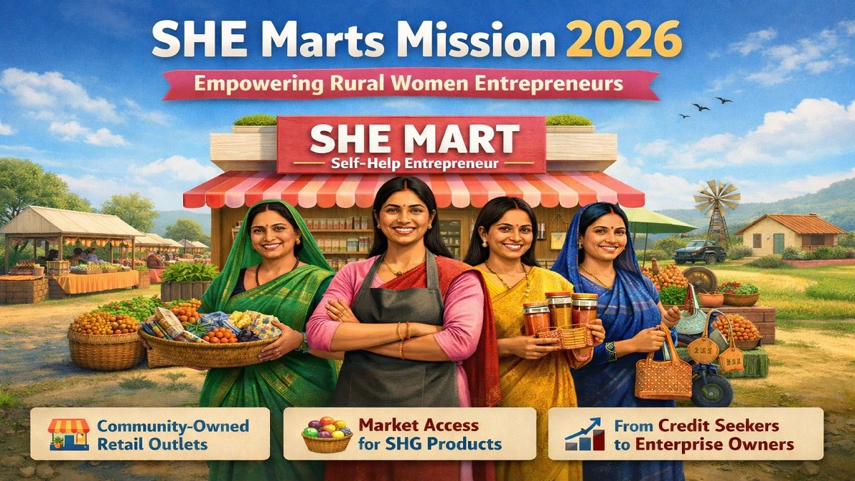 Rural women entrepreneurs standing in front of a SHE Mart retail outlet under SHE Marts Mission 2026 initiative announced in Union Budget 2026-27.