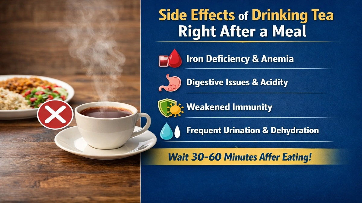 खाना खाने के तुरंत बाद चाय पीने के नुकसान दिखाता हेल्थ अवेयरनेस ग्राफिक