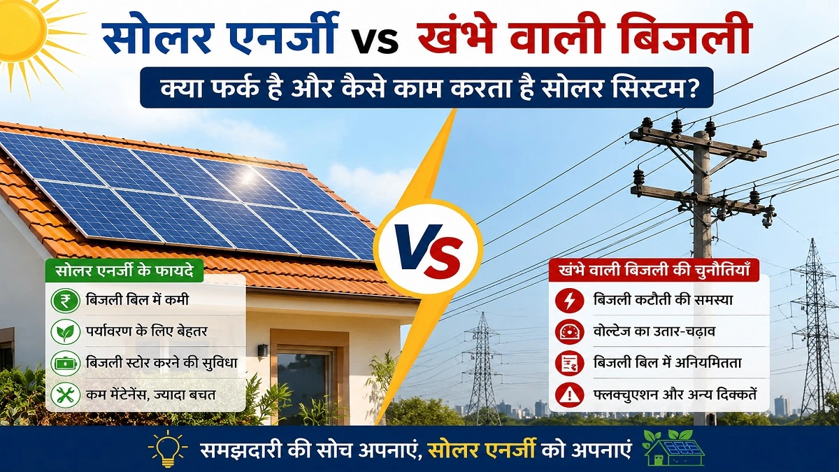 घर की छत पर लगे सोलर पैनल और बिजली के खंभे से आने वाली ग्रिड बिजली की तुलना, जिसमें सोलर एनर्जी और डिस्कॉम बिजली के बीच अंतर को दर्शाया गया है।