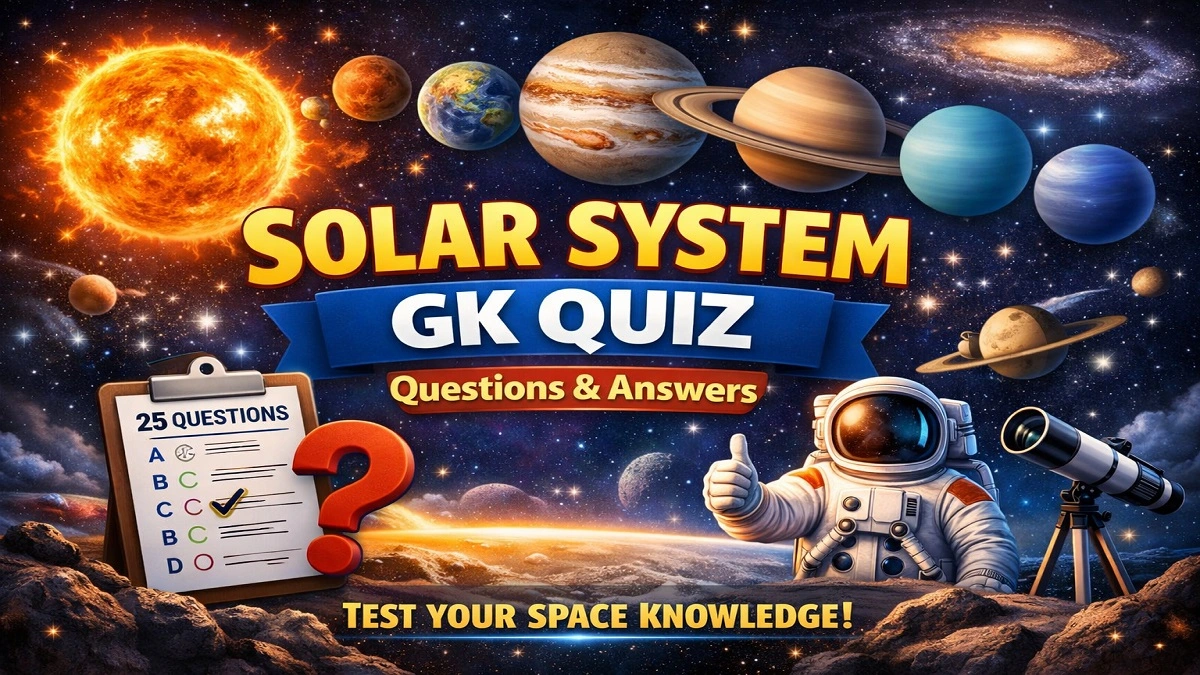 Solar System GK Quiz with 25 MCQ questions and answers about planets, sun, and space for students