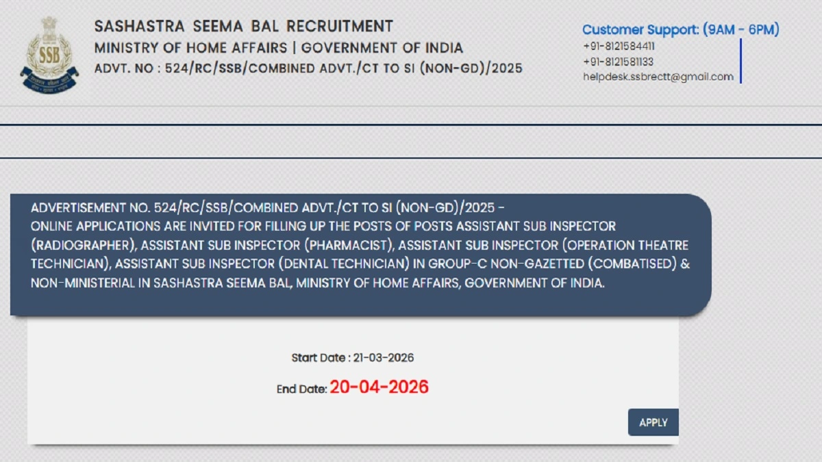 SSB SI ASI Non GD Recruitment 2026 Apply Online