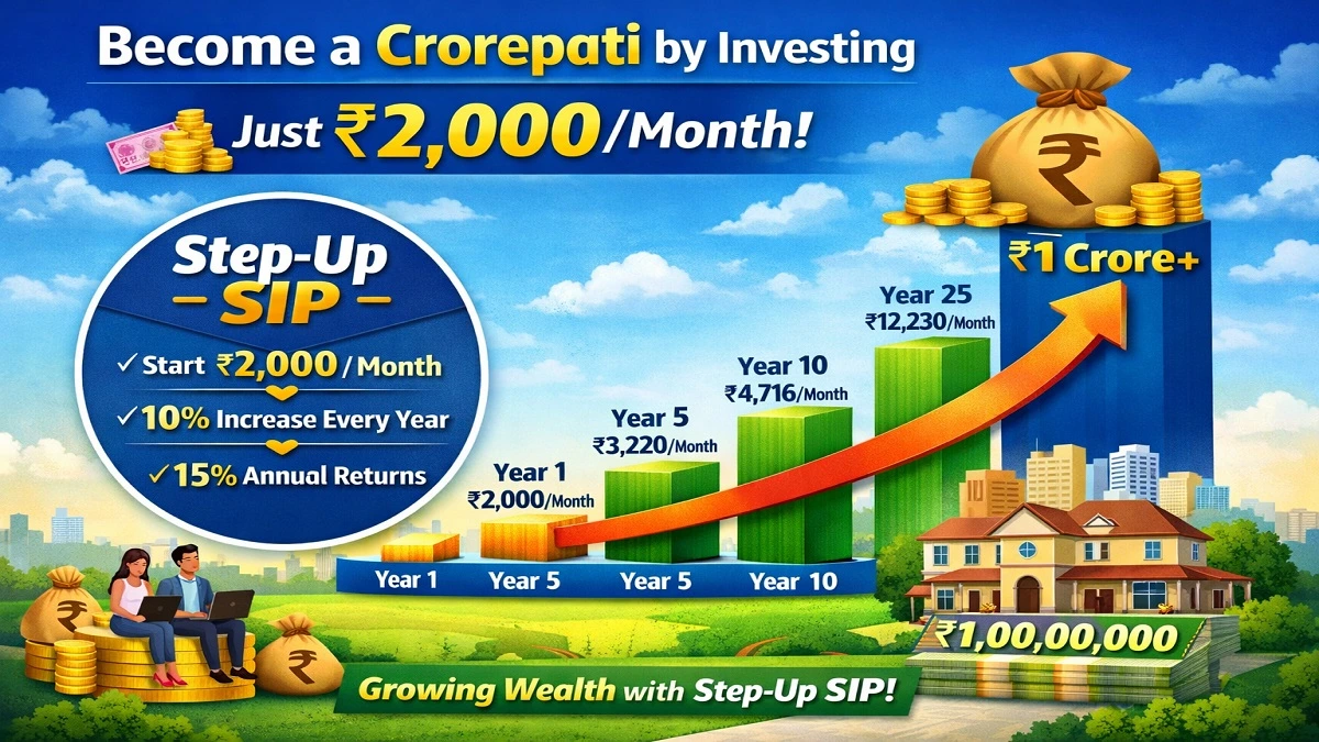 Step-Up SIP investment strategy से हर महीने 2000 रुपये निवेश करके 1 करोड़ का फंड बनाने का उदाहरण