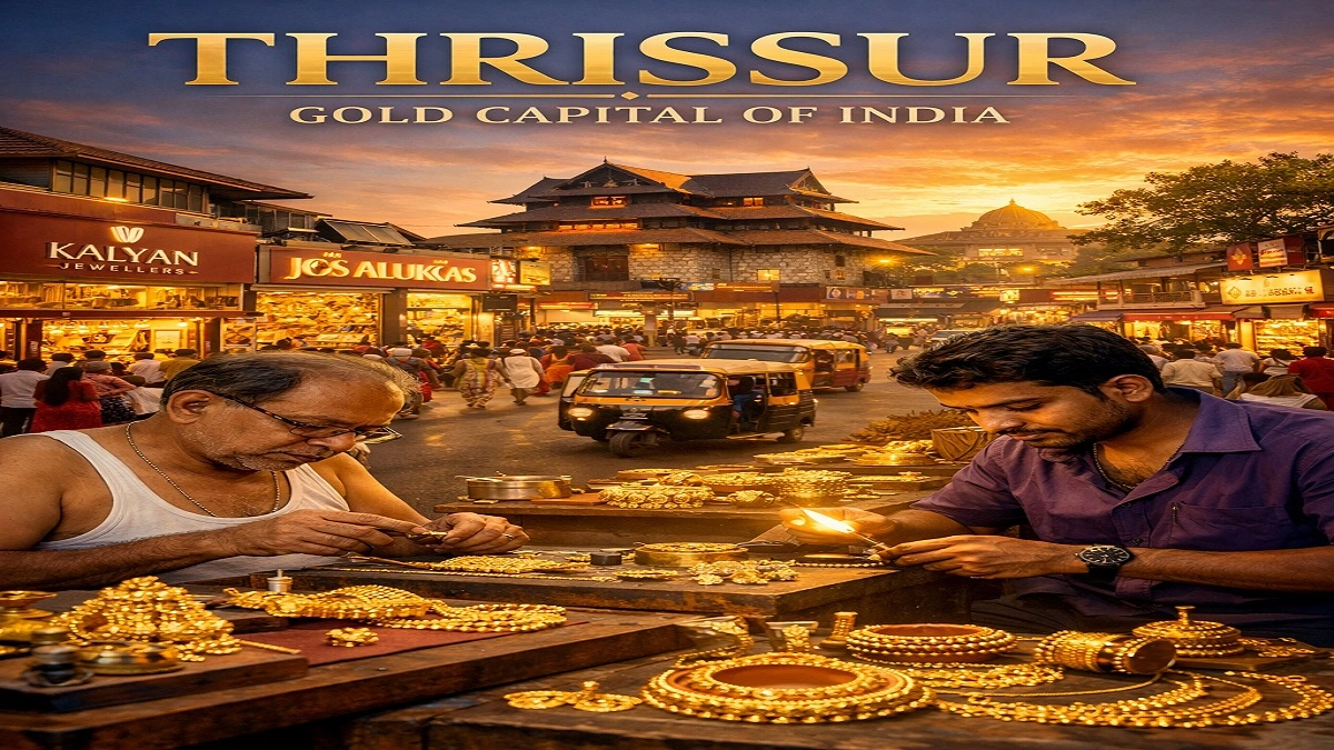 Thrissur city with gold jewellery showrooms and artisans crafting traditional gold ornaments, known as the Gold Capital of India