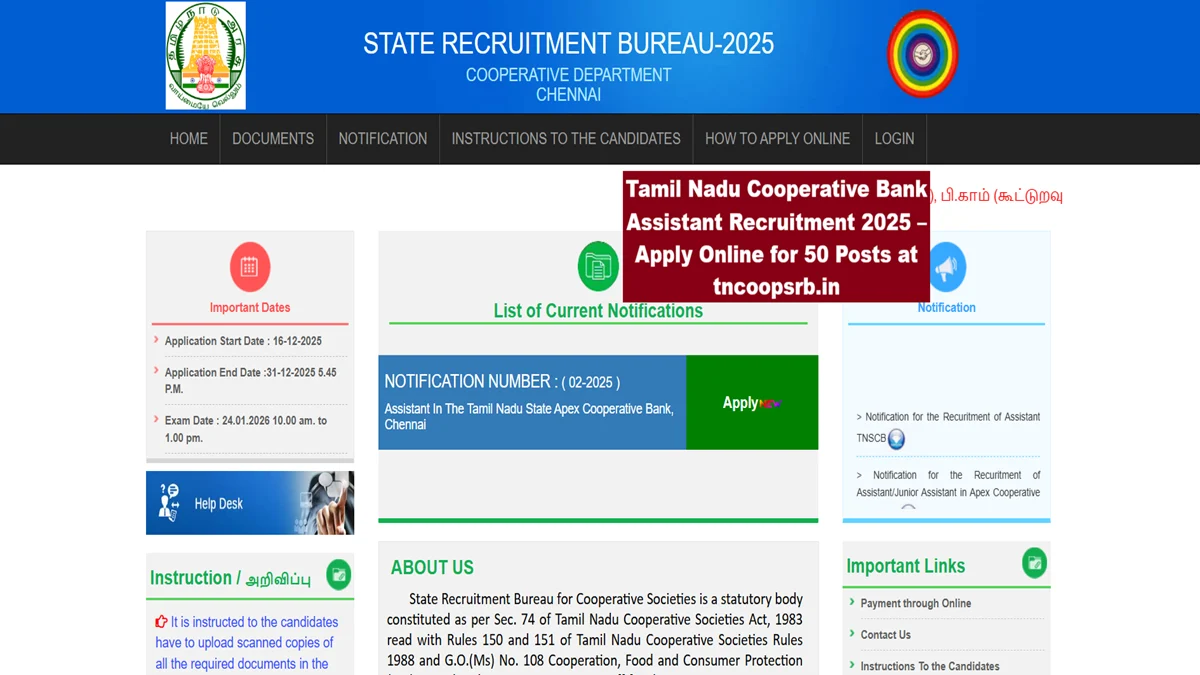 Tamil Nadu Cooperative Bank Assistant Recruitment 2025 – Online Application