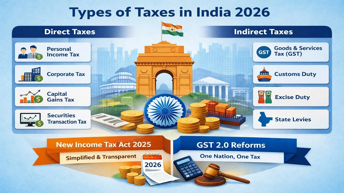 Infographic showing Types of Taxes in India including Direct Tax, Indirect Tax, GST 2.0, Income Tax Act 2025 and tax structure classification