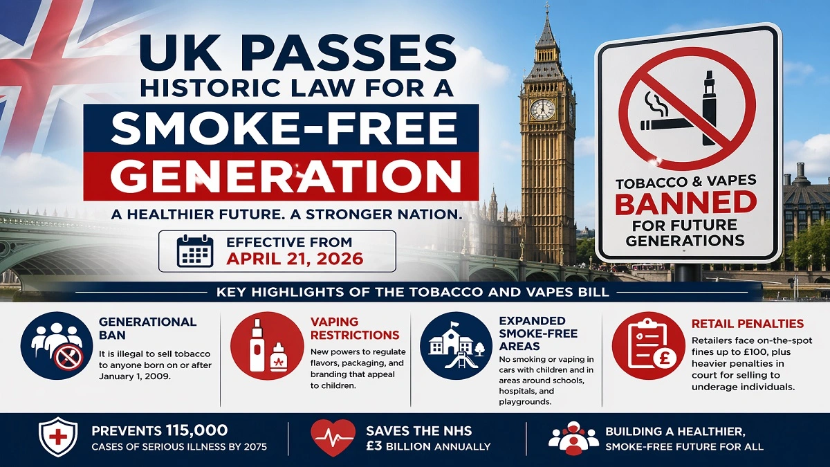 UK Smoke-Free Generation Law 2026 illustration showing cigarette ban for youth and vaping restrictions