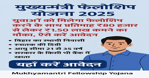 Mukhyamantri Fellowship Yojana 2025 का प्रचार पोस्टर, जिसमें युवाओं को फेलोशिप के तहत ₹80,000 से ₹1.50 लाख प्रतिमाह मानदेय और आवेदन प्रक्रिया की जानकारी दी गई है।
