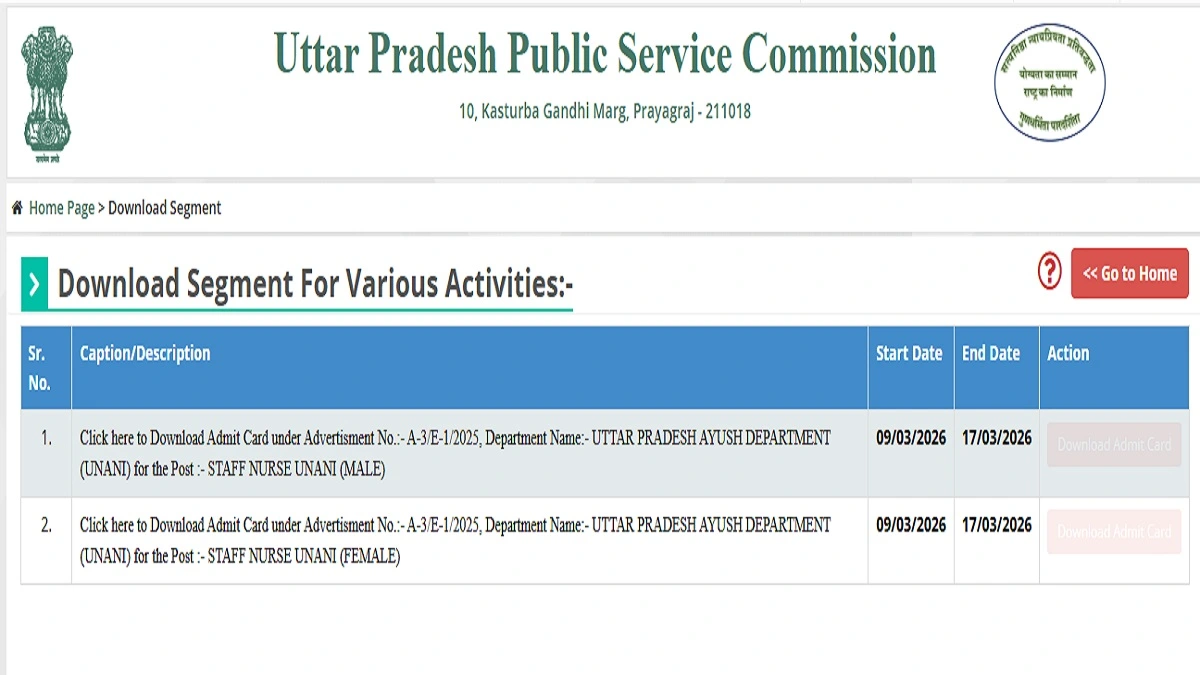 UPPSC Staff Nurse Unani Admit Card 2026 Download