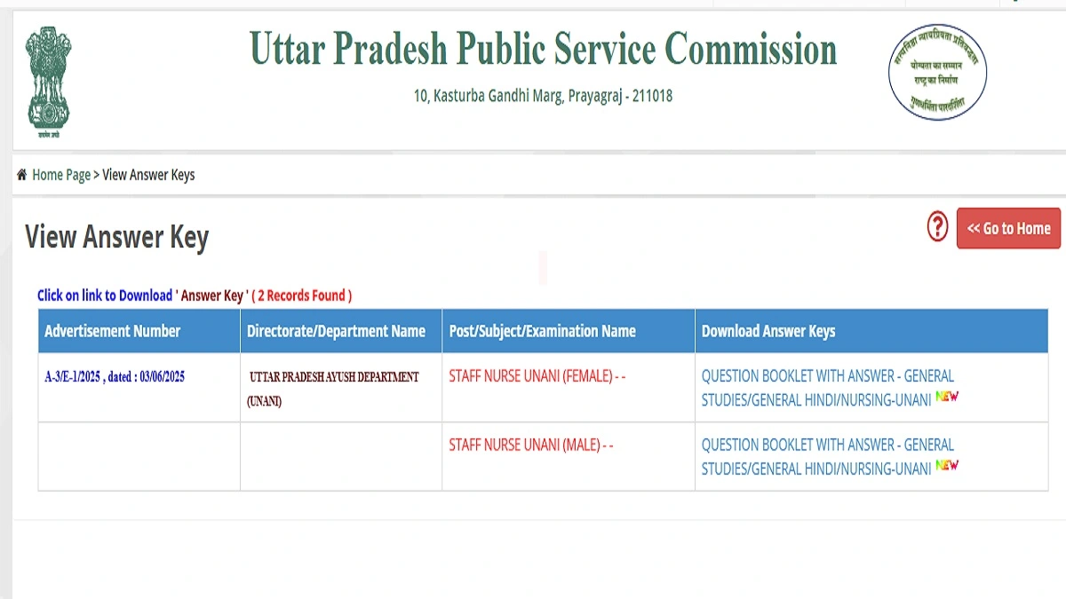 UPPSC Staff Nurse Unani Answer Key 2026 PDF Download