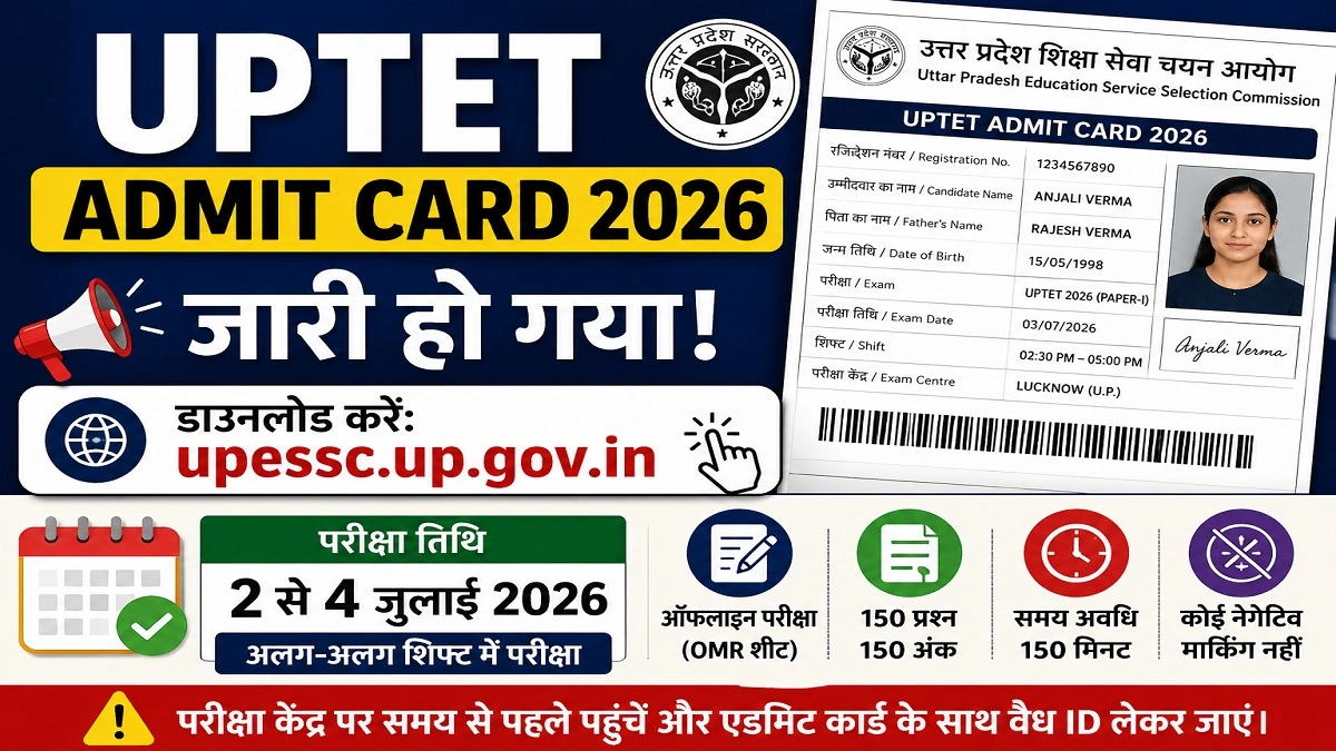 UPTET Admit Card 2026 जारी होने की जानकारी, उम्मीदवार upessc.up.gov.in से एडमिट कार्ड डाउनलोड करते हुए और परीक्षा तिथि 2 से 4 जुलाई 2026 की डिटेल्स दिखाता हुआ ग्राफिक।