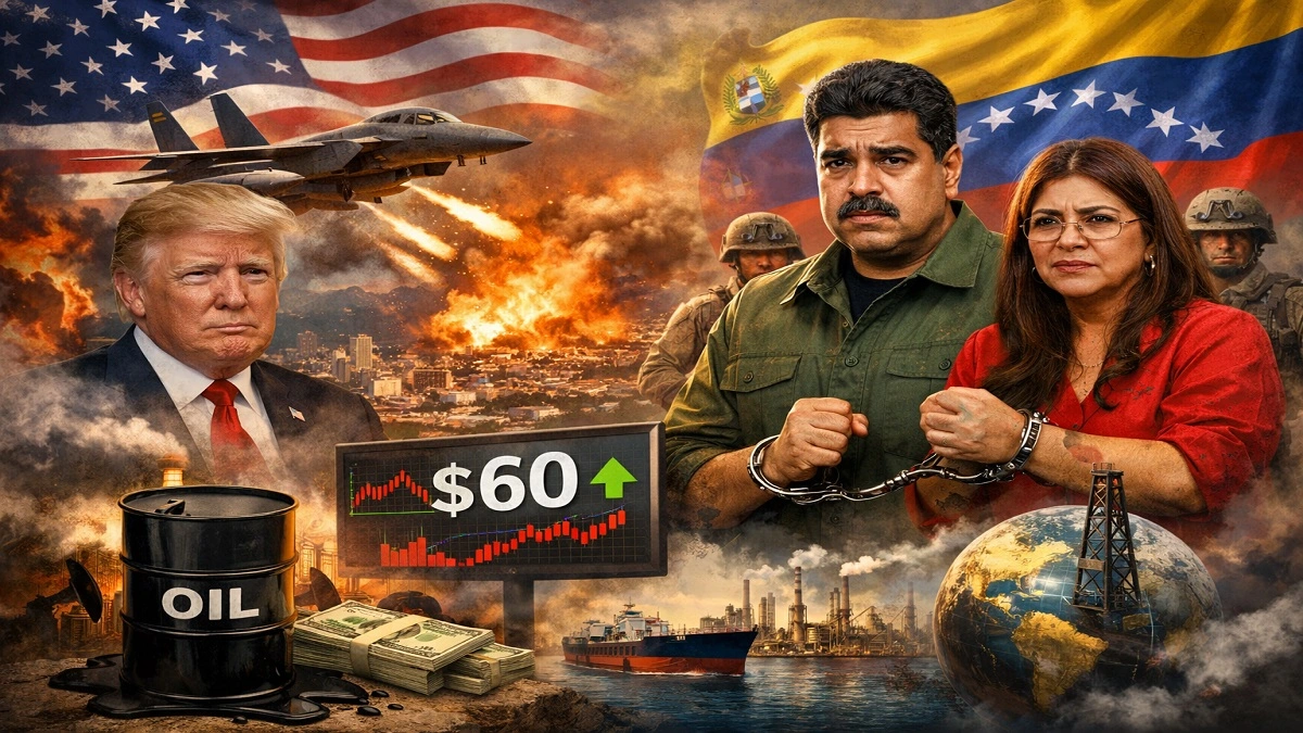 अमेरिका द्वारा वेनेजुएला पर सैन्य हमला, तेल रिफाइनरी और वैश्विक ऊर्जा बाजार पर प्रभाव दर्शाता चित्र