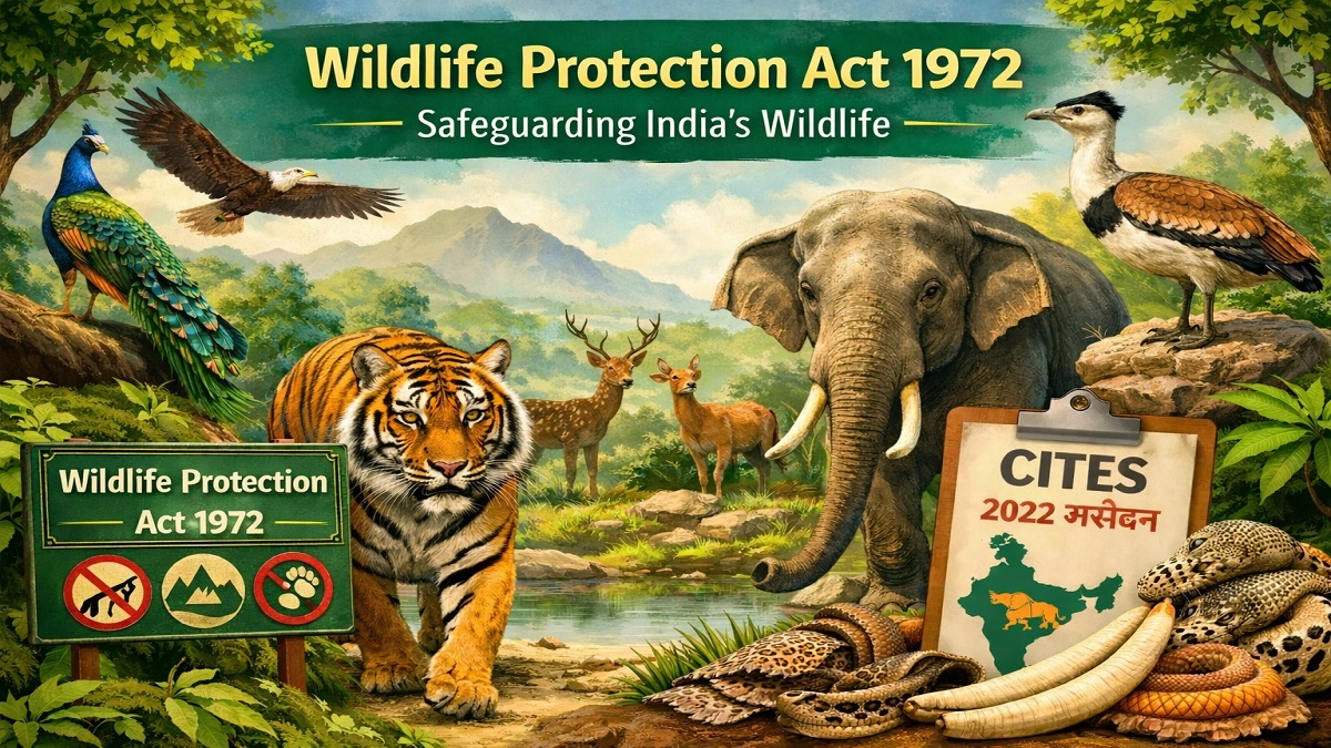 वन्यजीव संरक्षण अधिनियम 1972 के अंतर्गत भारत में बाघ, हाथी और अन्य वन्यजीवों का संरक्षण दर्शाती छवि