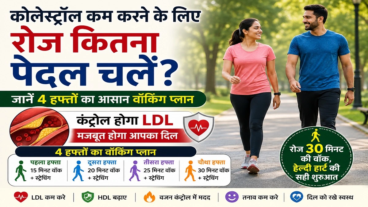 Man and woman walking in park following a 4 week walking plan to lower LDL cholesterol and improve heart health