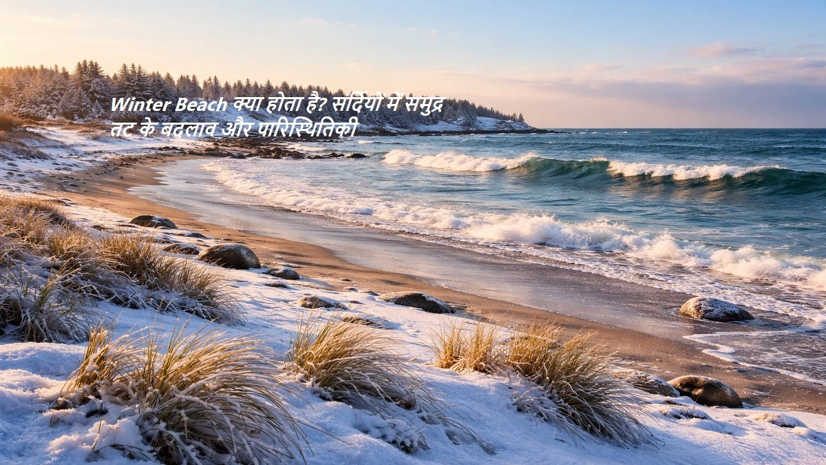 सर्दियों में समुद्र तट का दृश्य जिसमें तेज लहरें, कम रेत और शांत विंटर बीच दिखाई दे रहा है