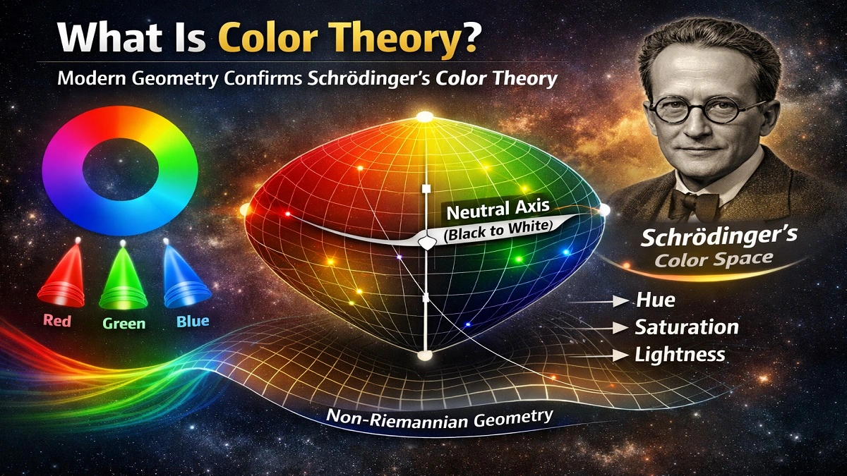 Illustration explaining color theory, color space geometry and Schrödinger color perception theory with RGB spectrum and geometric color model