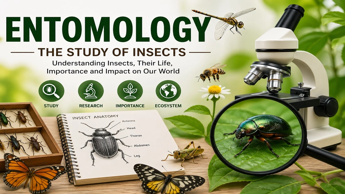 Entomology study of insects illustration with different insect species and scientific tools