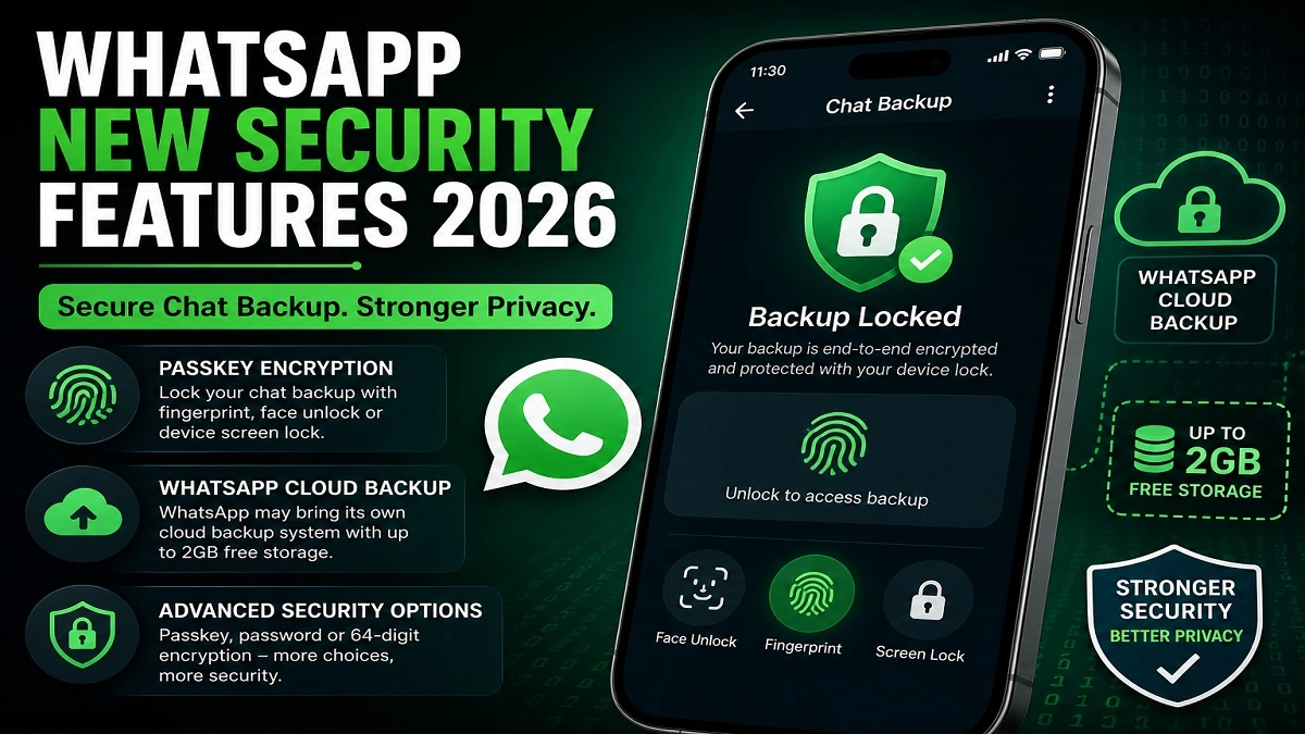 WhatsApp new security features 2026 with passkey encryption and fingerprint chat backup lock illustration