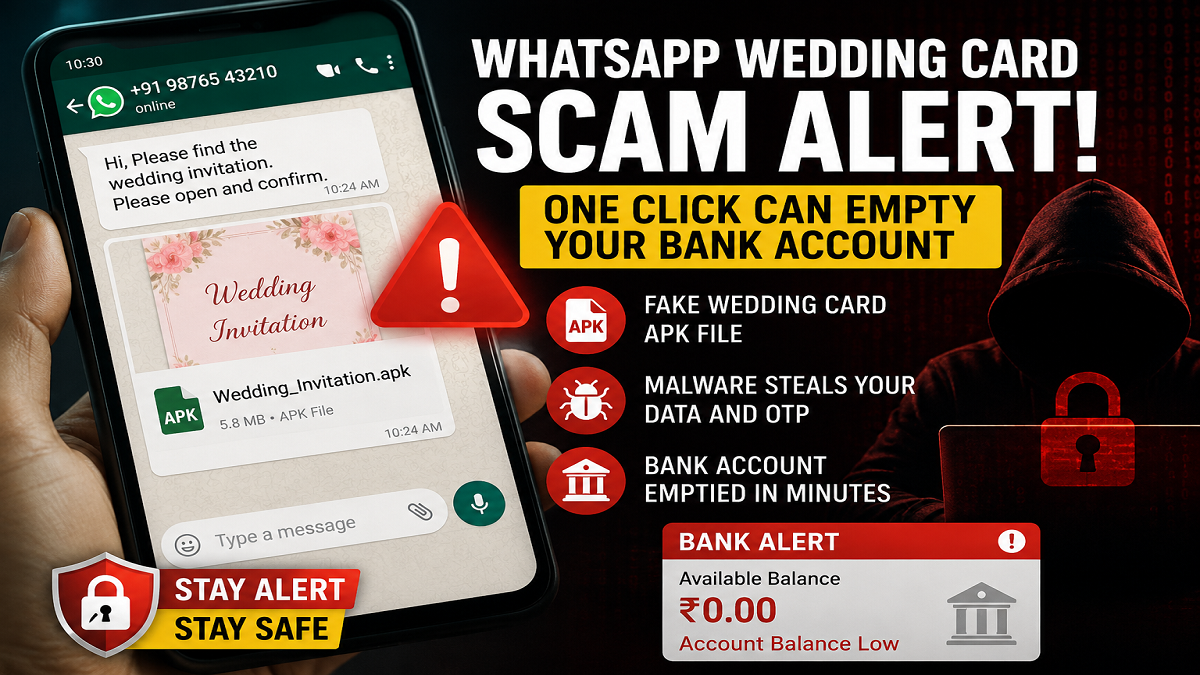 WhatsApp wedding card APK scam warning on smartphone screen