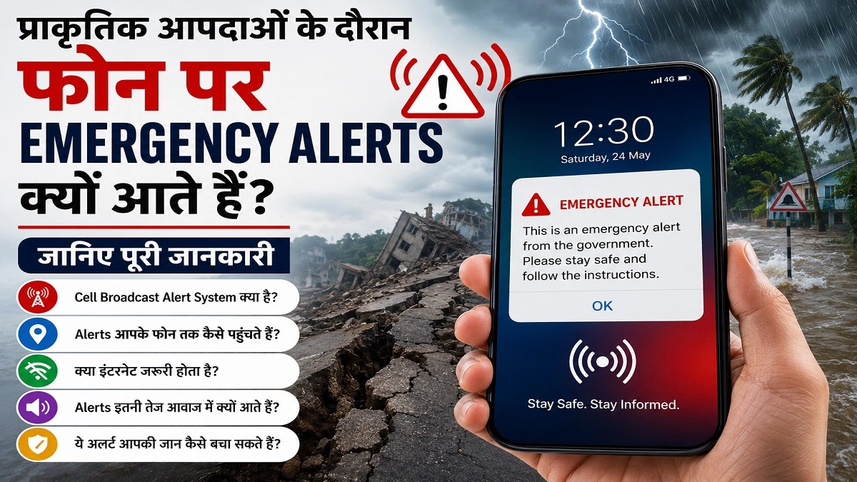 प्राकृतिक आपदा के दौरान मोबाइल फोन स्क्रीन पर दिखाई देता Emergency Alert संदेश