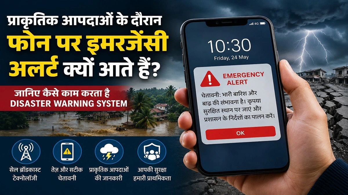 फोन पर इमरजेंसी अलर्ट दिखाता स्मार्टफोन और प्राकृतिक आपदा चेतावनी