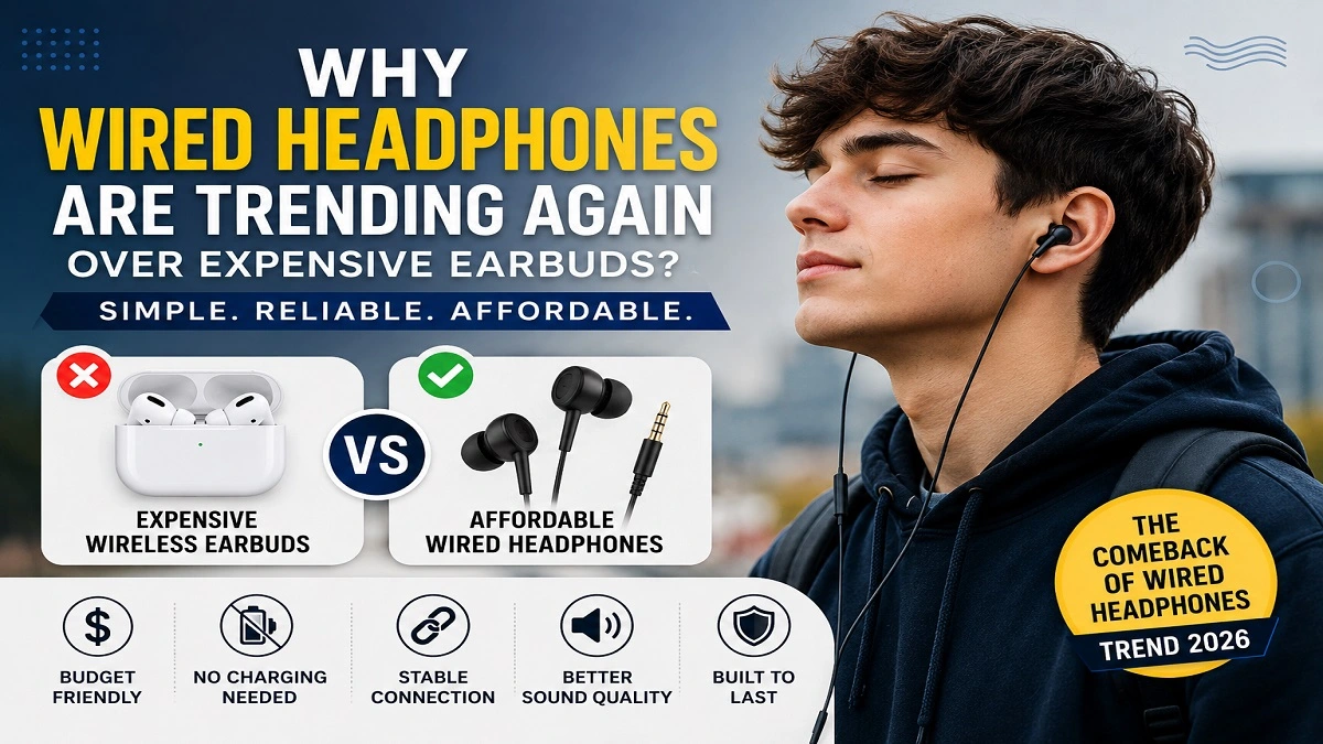 Young users using wired headphones instead of expensive wireless earbuds trend 2026