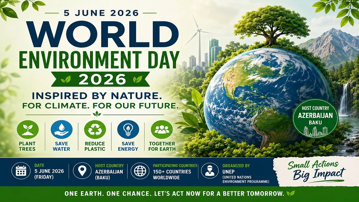 विश्व पर्यावरण दिवस 2026 की थीम, रोचक तथ्य, पर्यावरण संरक्षण, जलवायु परिवर्तन और पृथ्वी बचाने का संदेश दर्शाता पोस्टर
