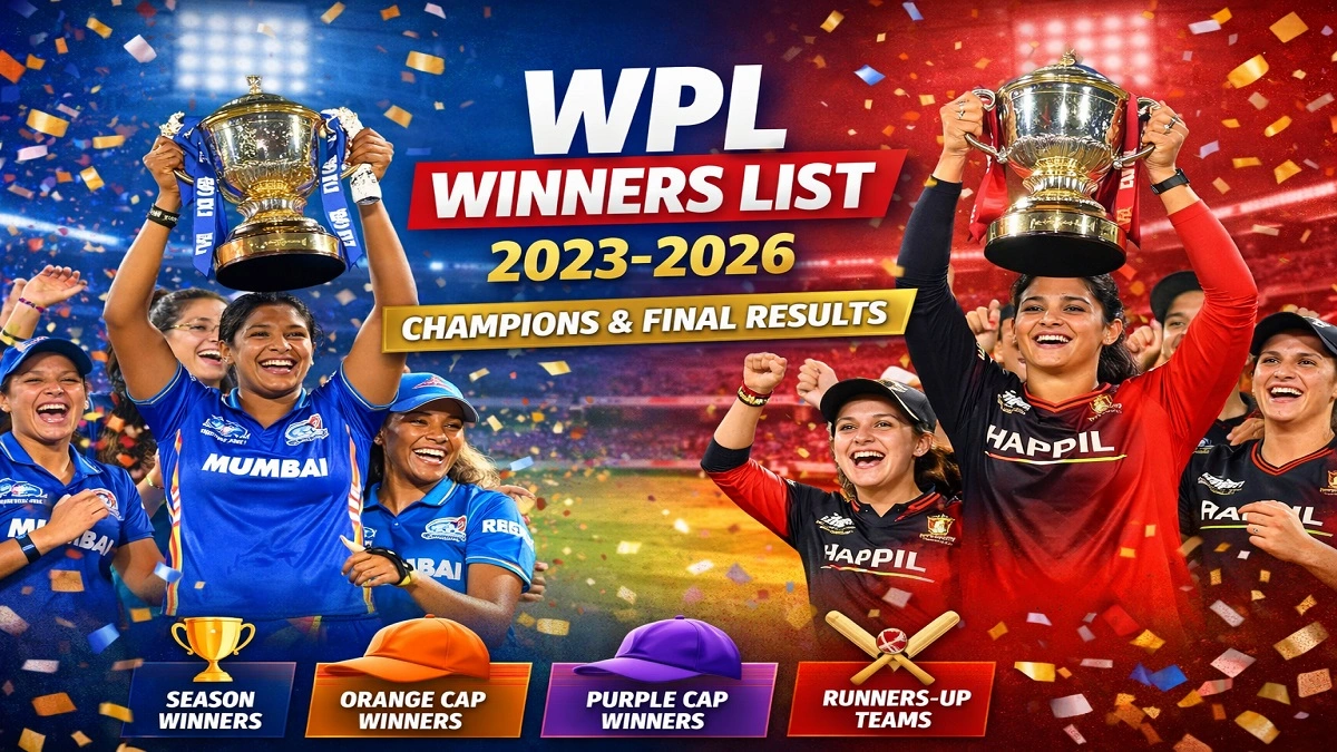 WPL winners list 2023 to 2026 showing Mumbai Indians and Royal Challengers Bengaluru lifting the Women’s Premier League trophy